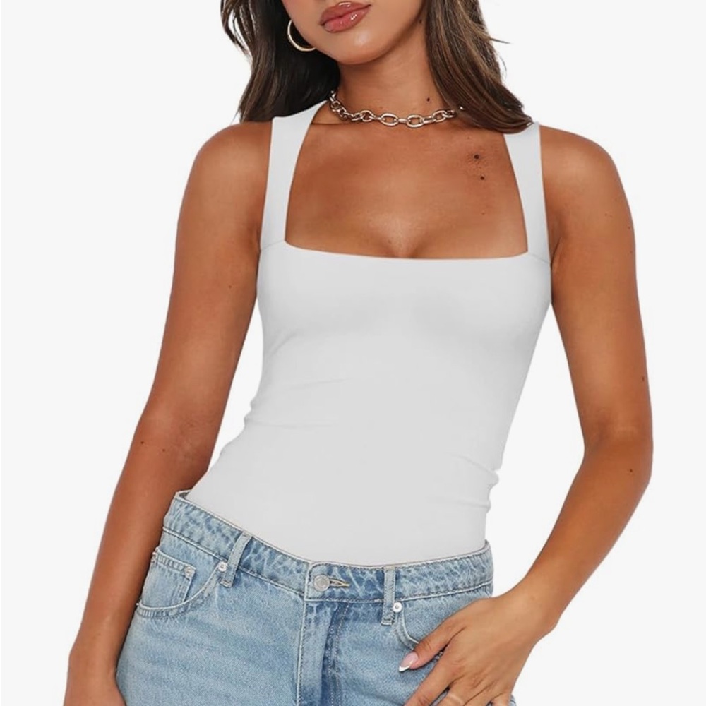 White Women’s Sexy Sleeveless Square Neck Double Lined Basic Bodysuit Tank Tops - Picture 2 of 8